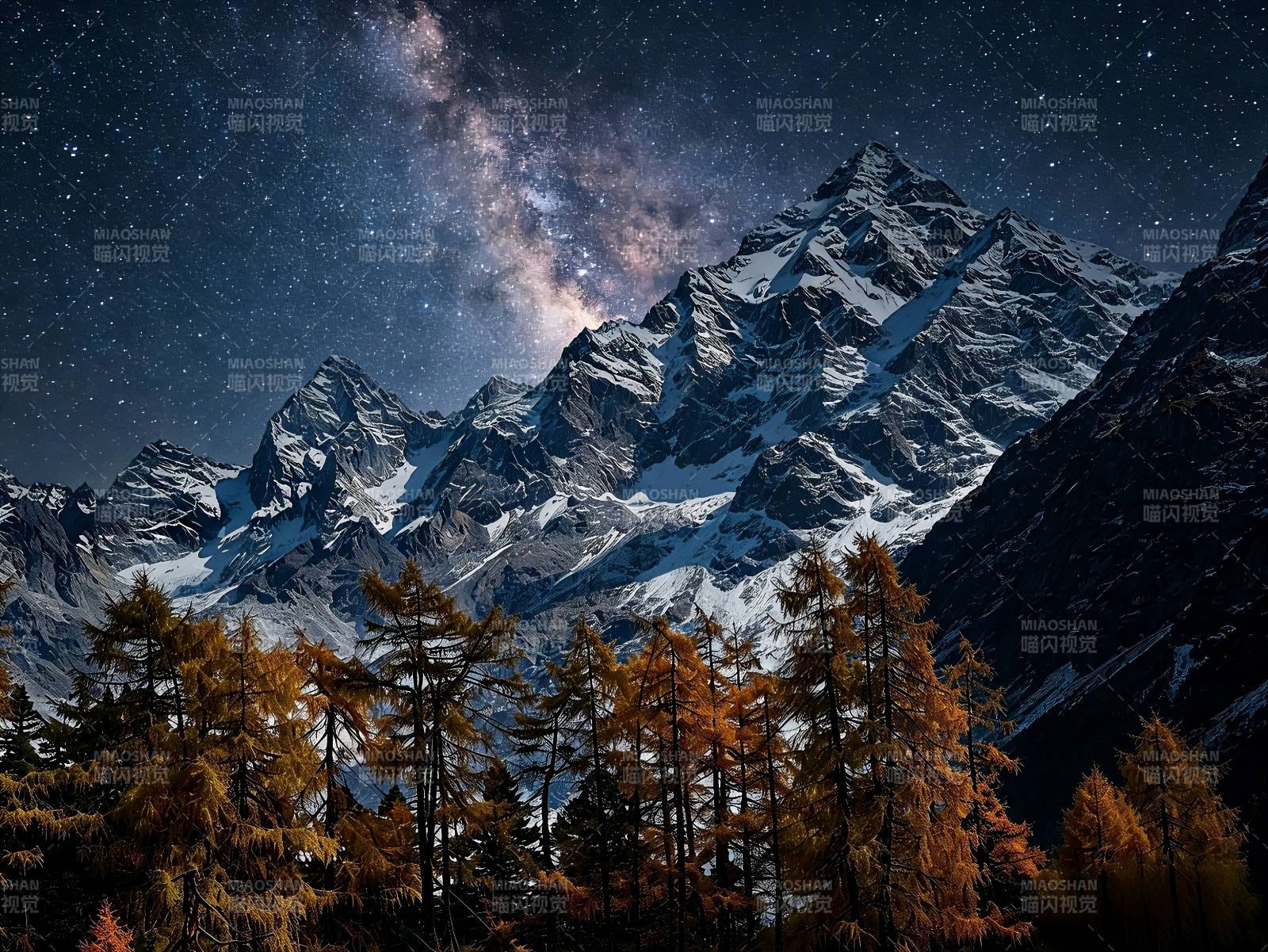 川西星空下的雪山秋林图片