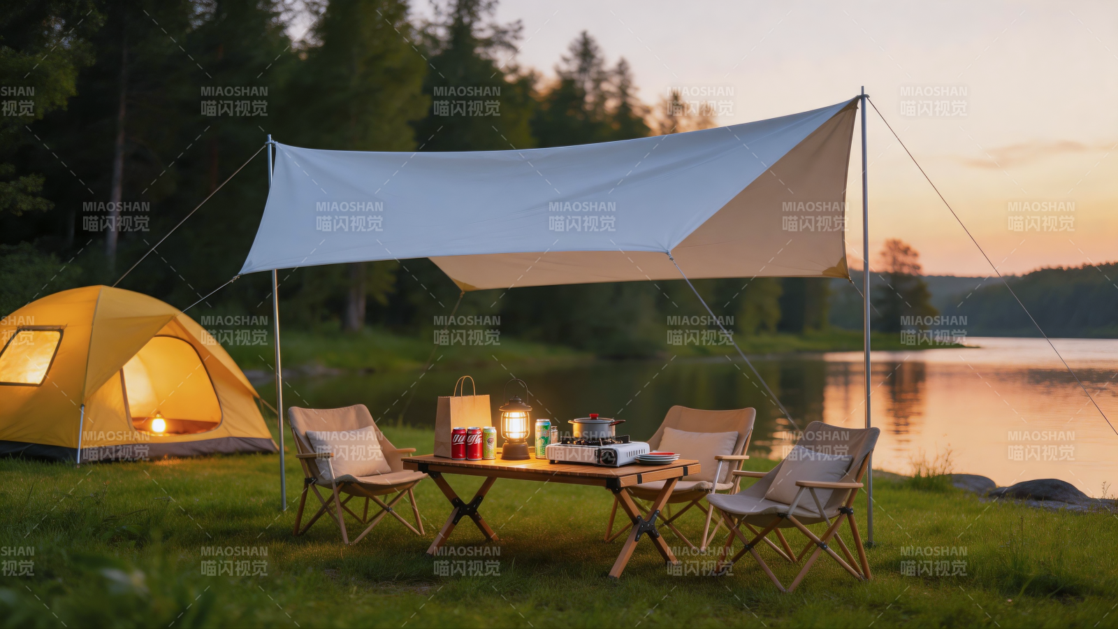 湖畔露营 暮色温柔时光图片