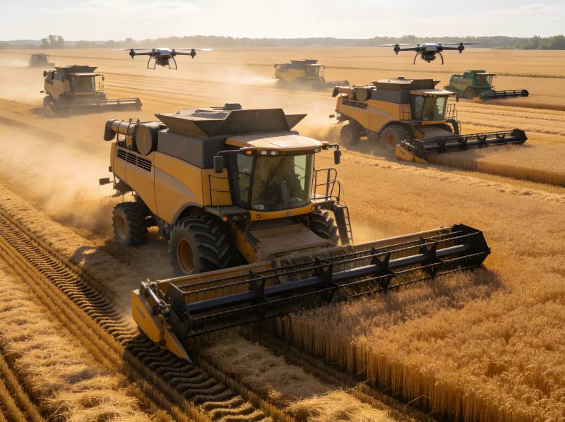 智能农机协同收割金黄麦田图片