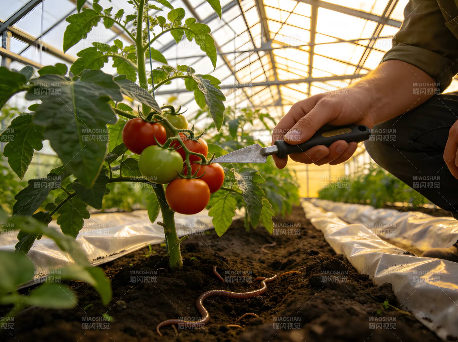 温室采番茄 蚯蚓伴耕忙图片