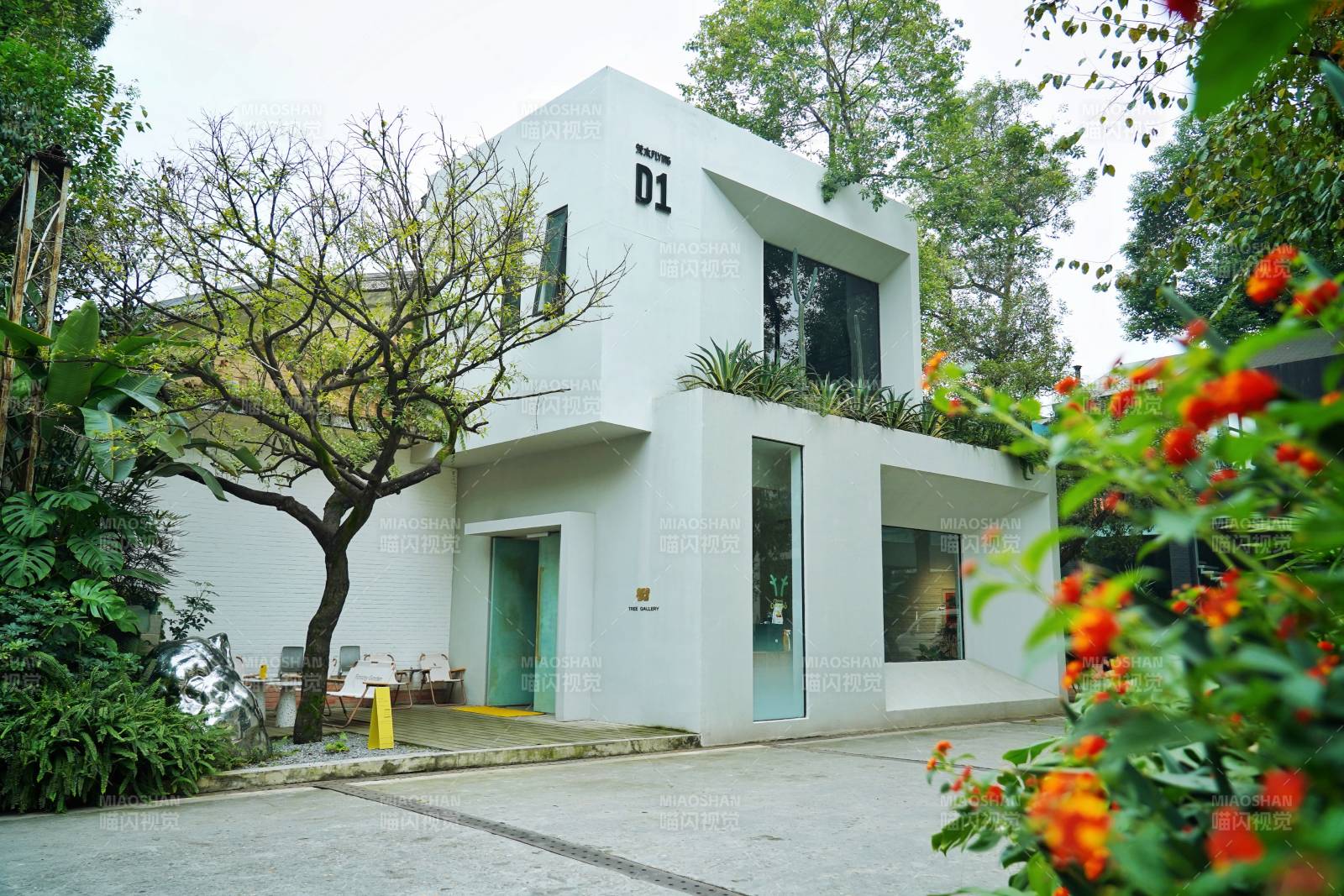 白色现代别墅花园景图片