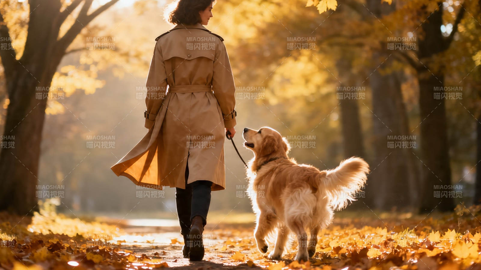 秋日遛狗 落叶满径图片