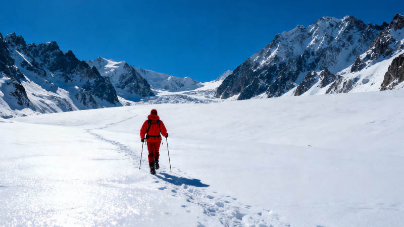 雪山独行 红影踏雪径图片
