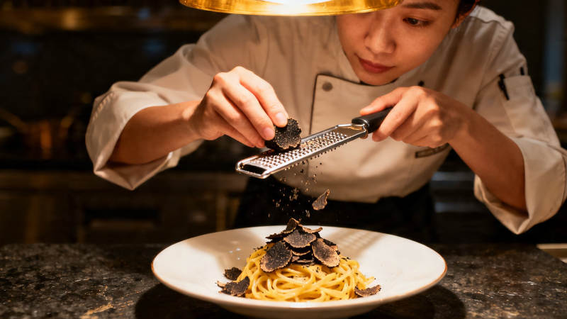 厨师现刨黑松露意面图片