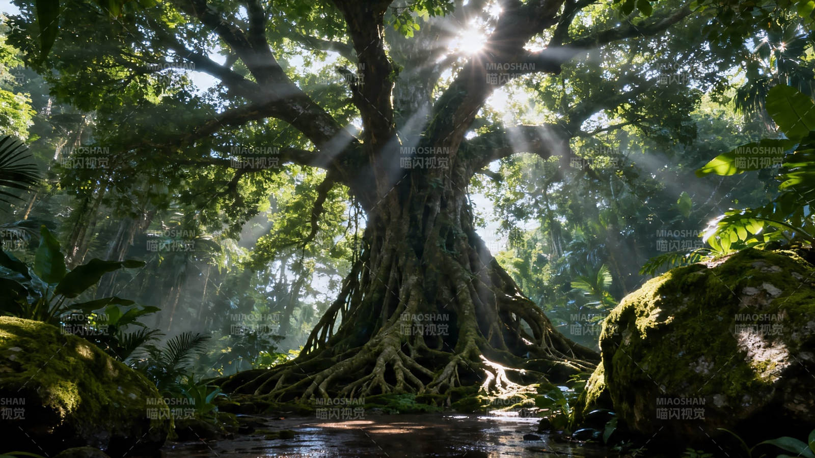 古木参天 阳光穿林洒幽径图片