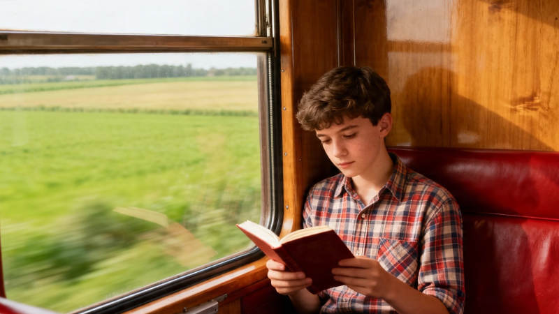 火车窗边读书少年图片