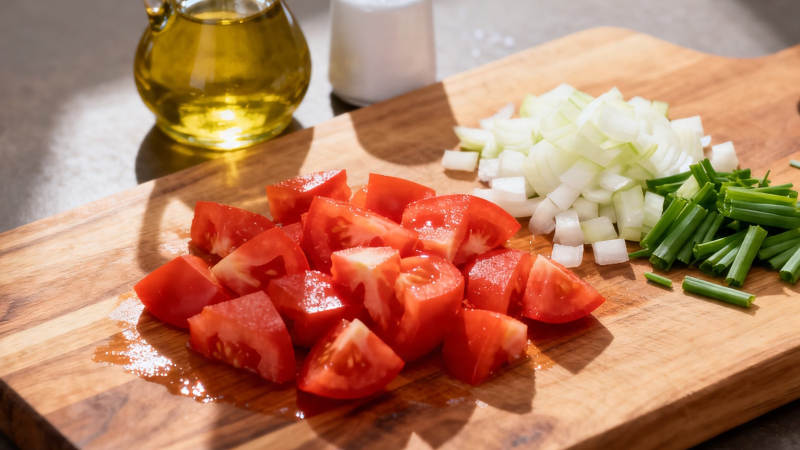 切好的番茄洋葱青葱备料图片