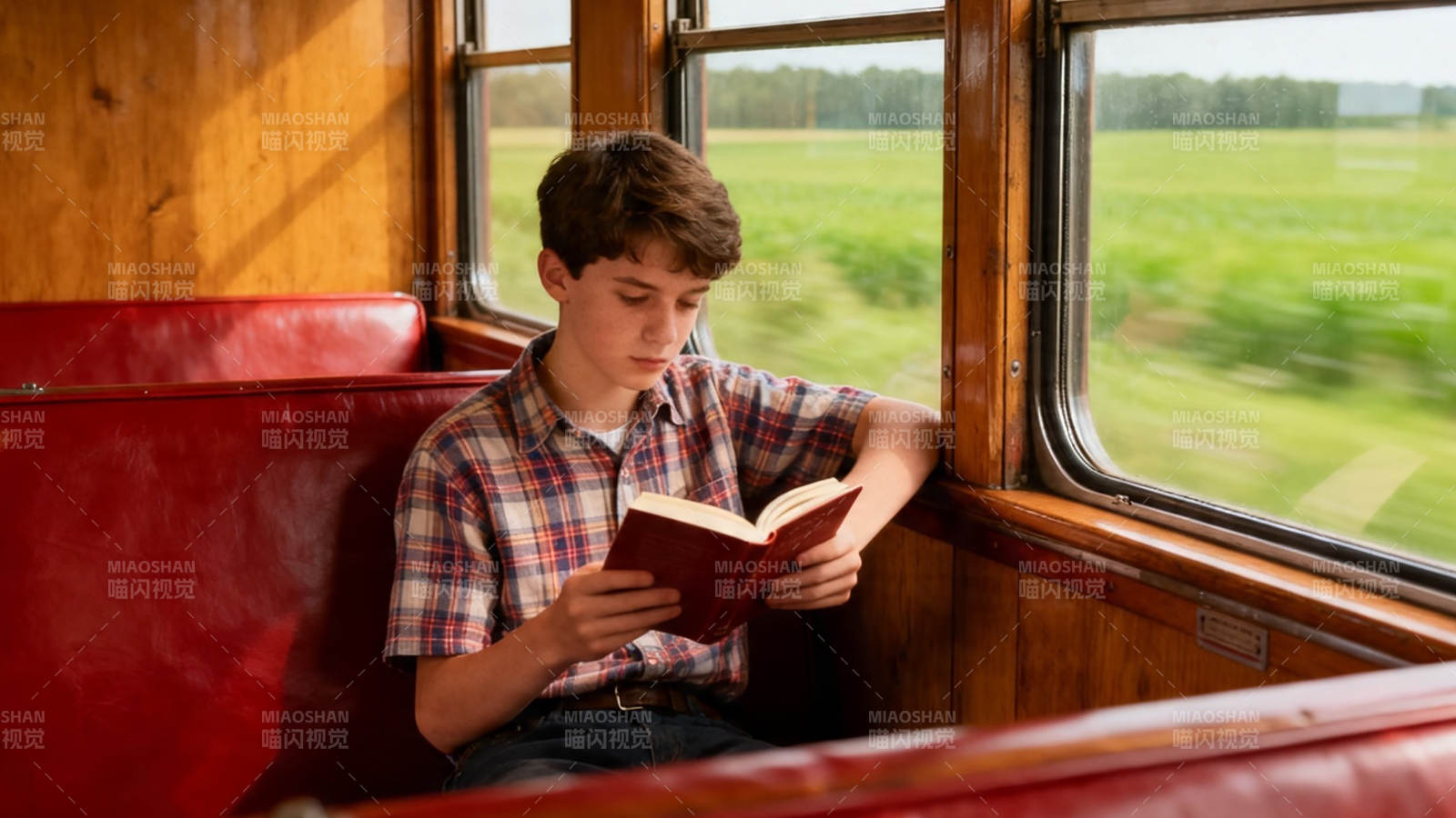 火车上读书的少年图片