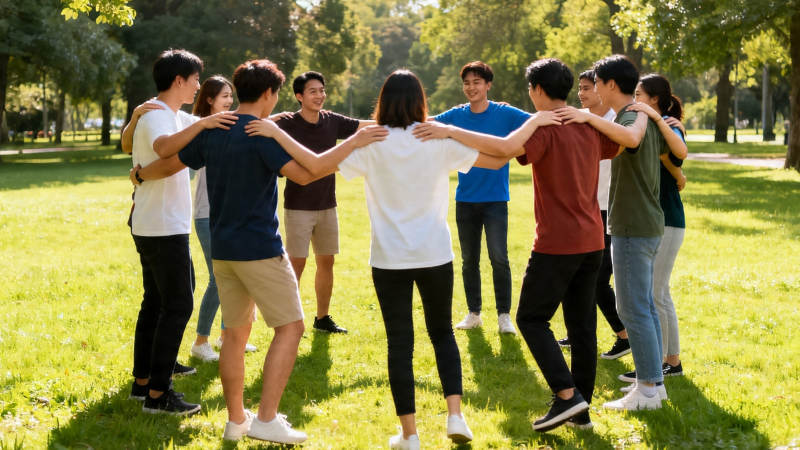 公园围圈拥抱 青春友谊暖图片