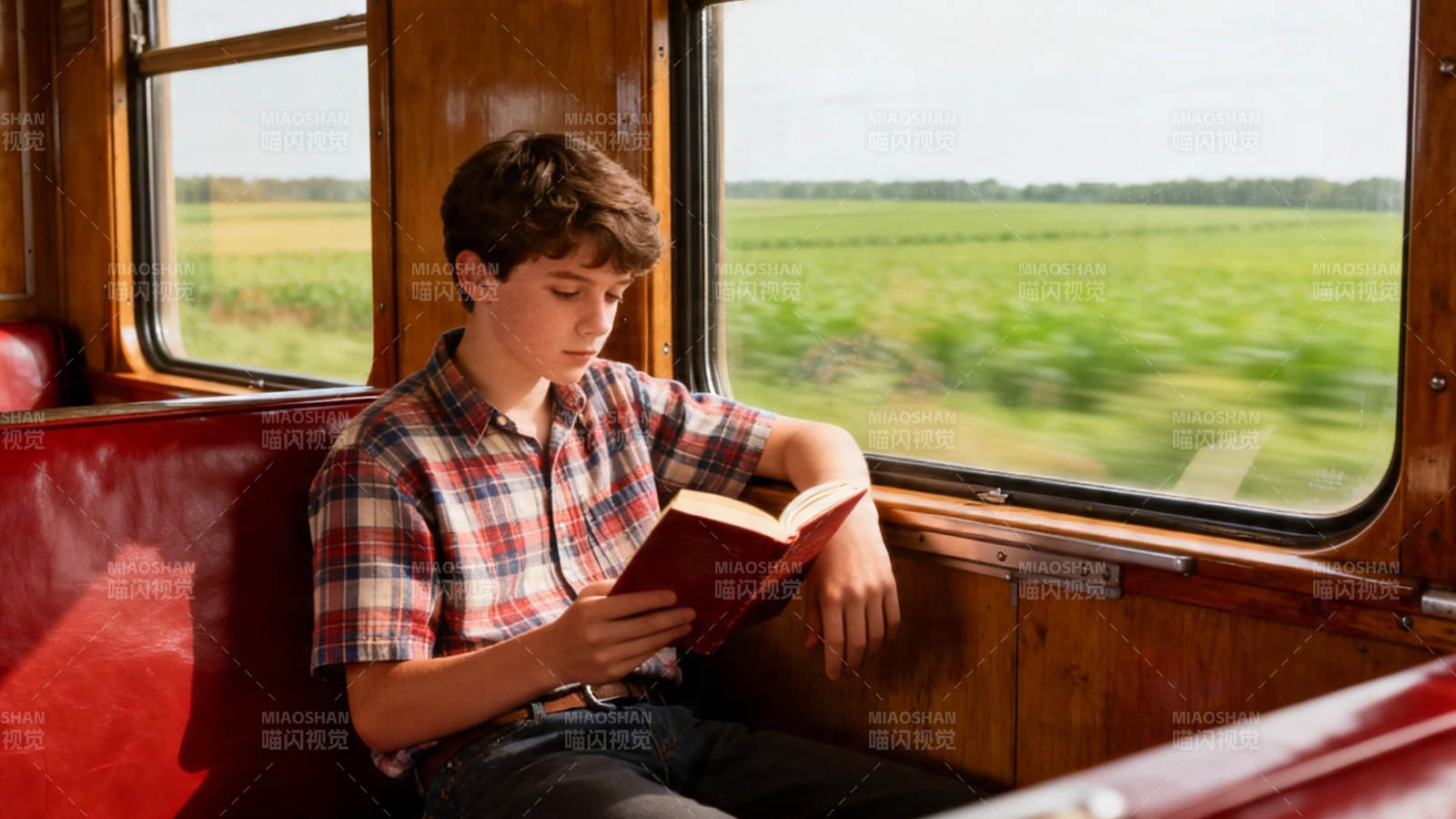 火车上读书的少年图片