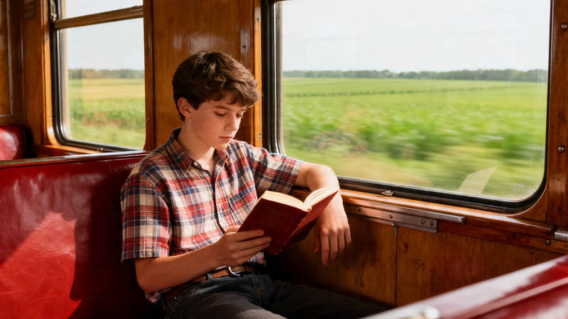 火车上读书的少年图片