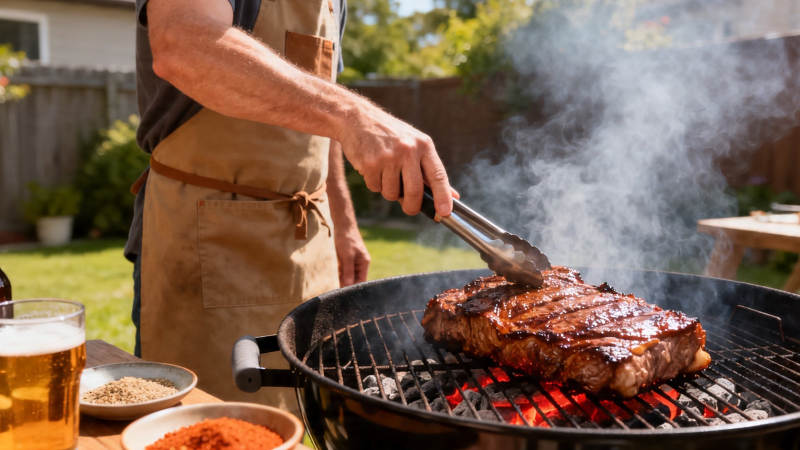 户外烧烤 烤架上滋滋作响的牛排图片