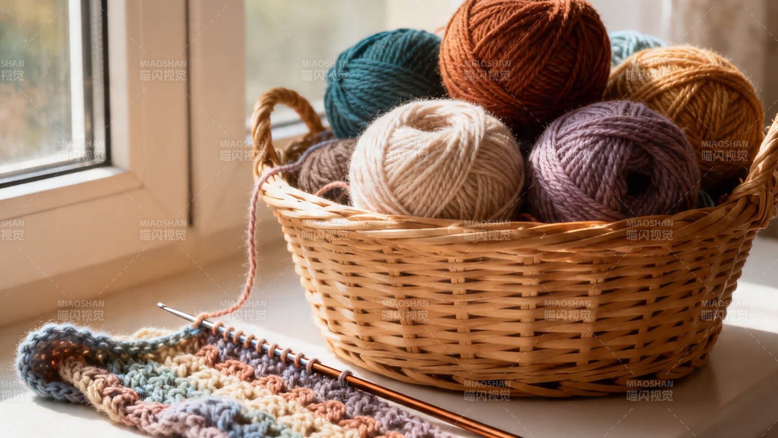 窗边毛线篮与编织时光图片