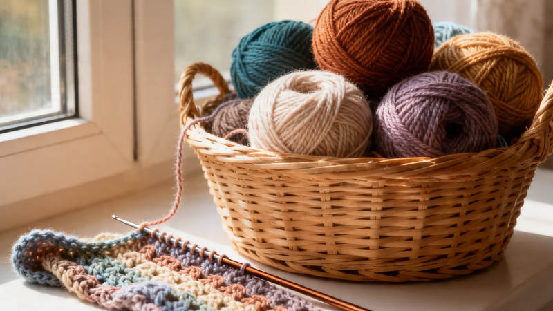 窗边毛线篮与编织时光图片