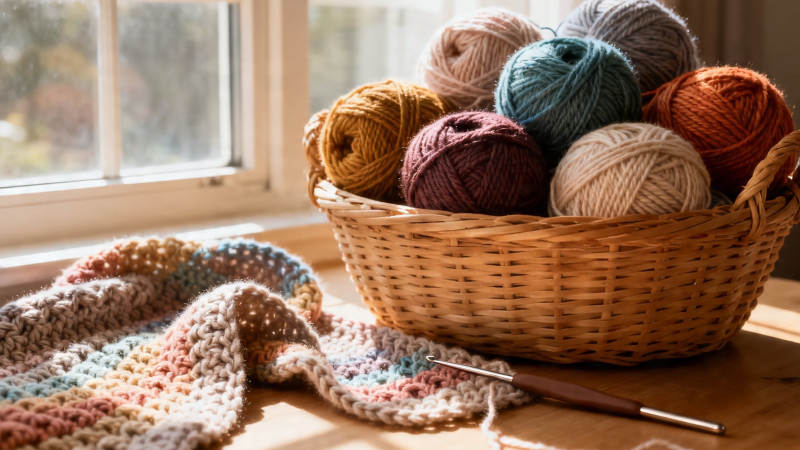 窗边毛线篮与钩针毯图片