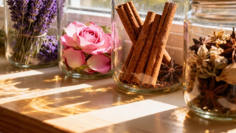 阳光下的香料与花香瓶图片