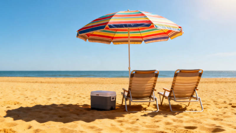 沙滩遮阳伞与躺椅图片