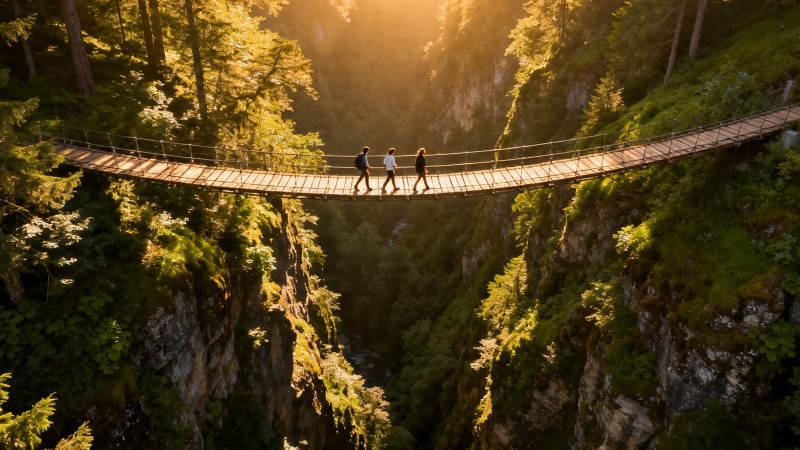 林间吊桥 三人漫步夕阳下图片