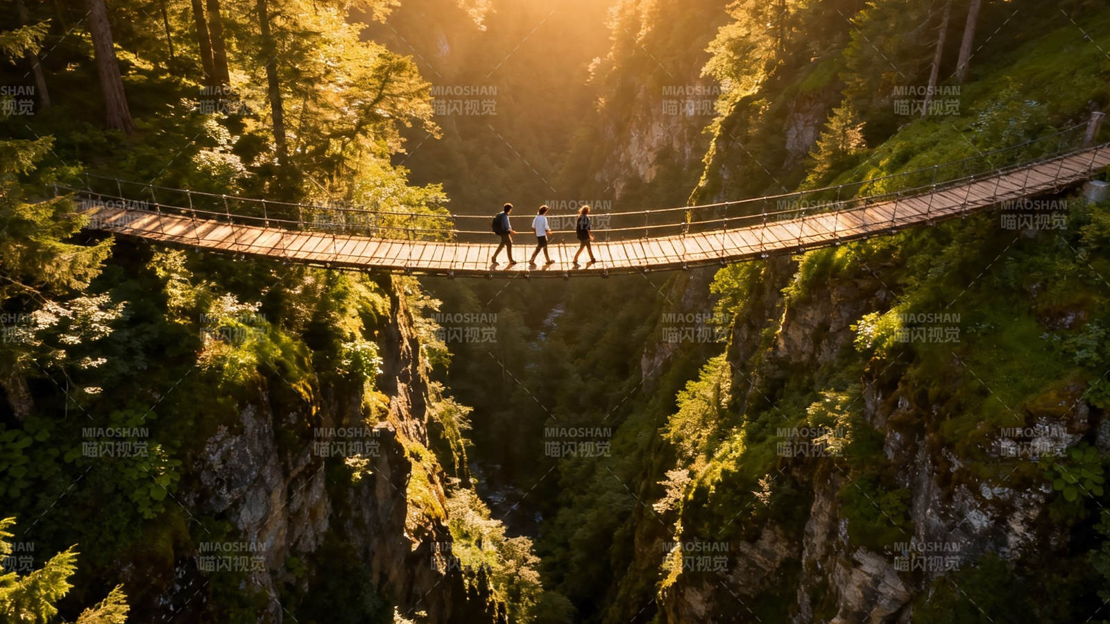 林间吊桥 三人漫步夕阳下图片
