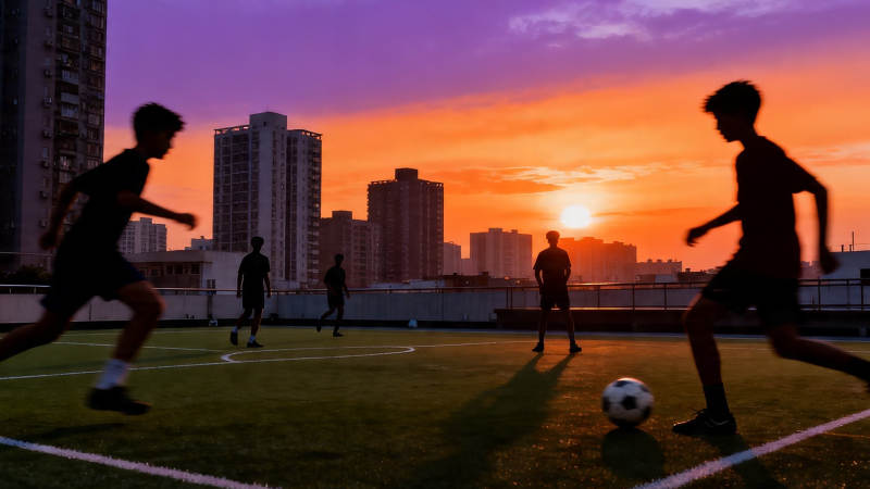 夕阳下的 rooftop 足球赛图片
