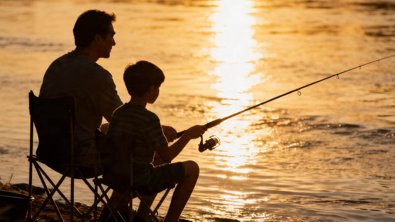 夕阳下父子垂钓温馨时刻图片