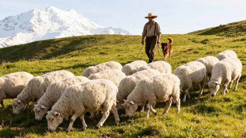 雪山下牧羊人与羊群图片