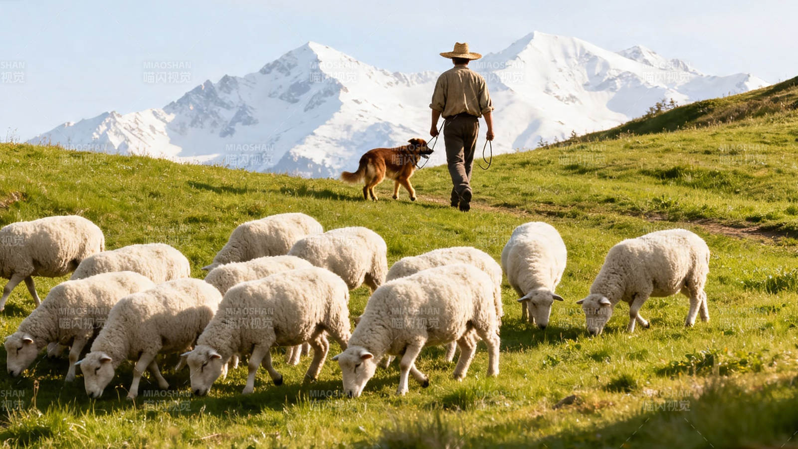 雪山下牧羊人与羊群图片