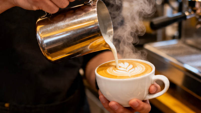 咖啡师拉花 热气腾腾香浓图片