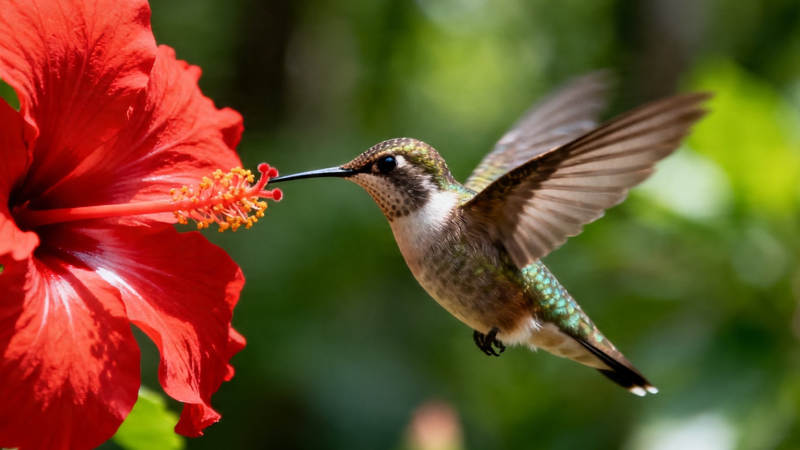 蜂鸟采蜜红花间图片