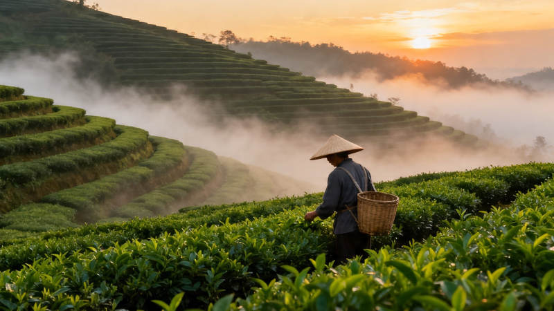 晨雾茶山采茶人图片