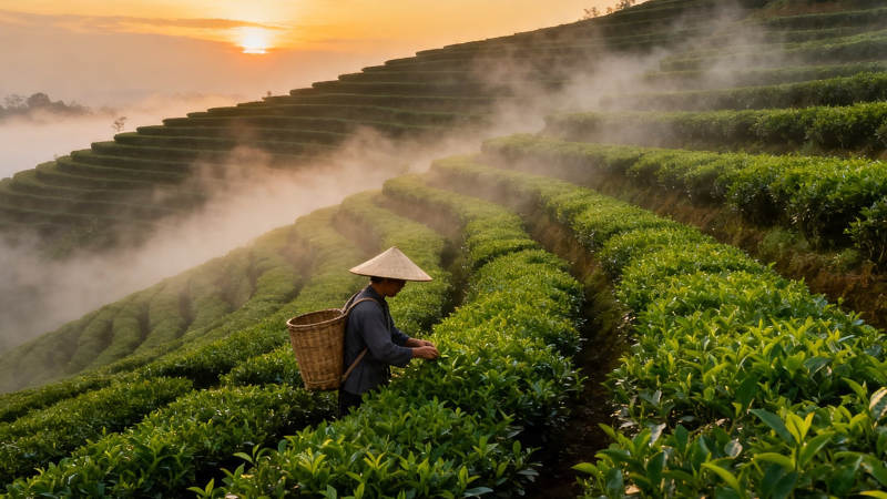 晨雾采茶人图片