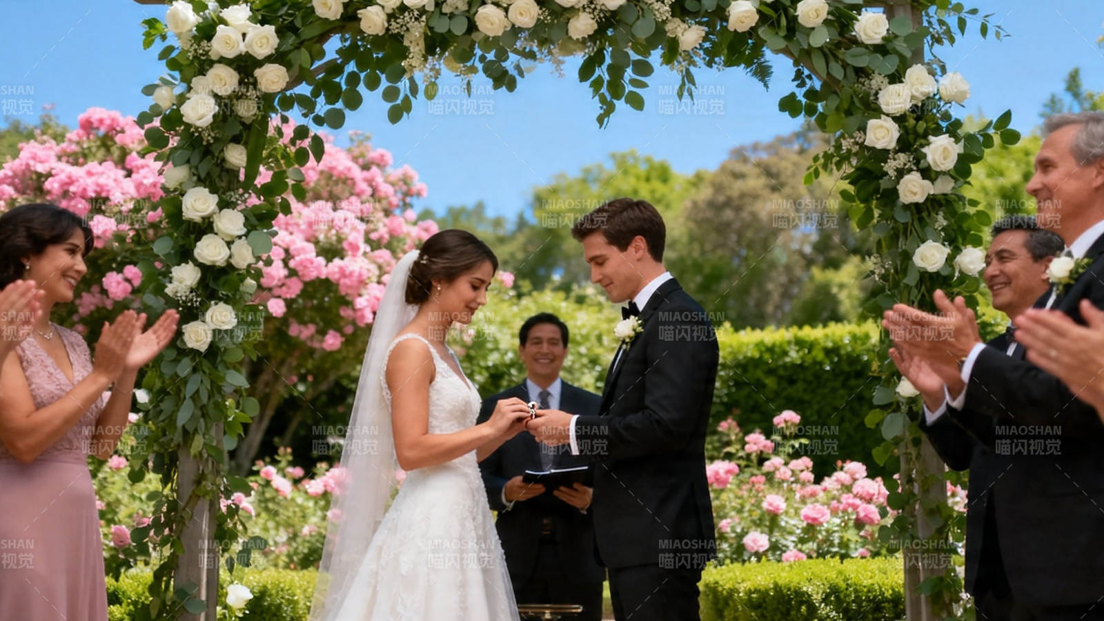 花园婚礼 新人交换戒指图片