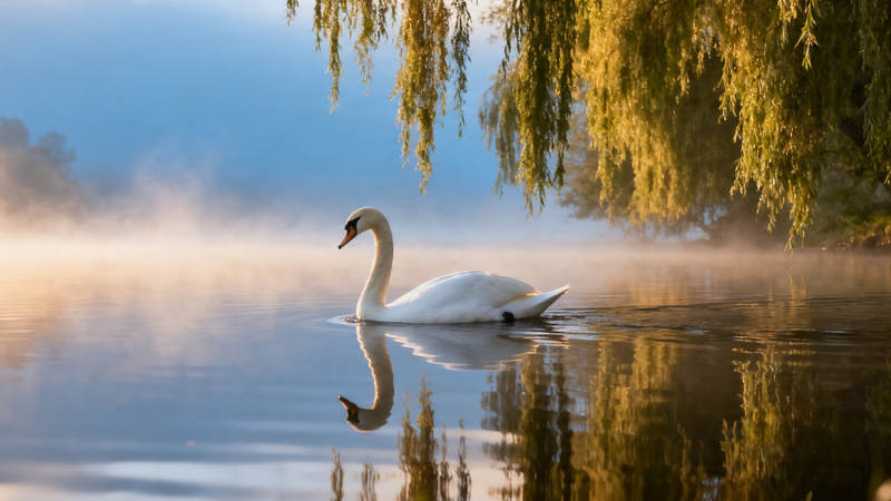 晨雾天鹅柳影静湖图图片