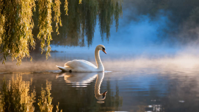 晨雾天鹅映柳影图片