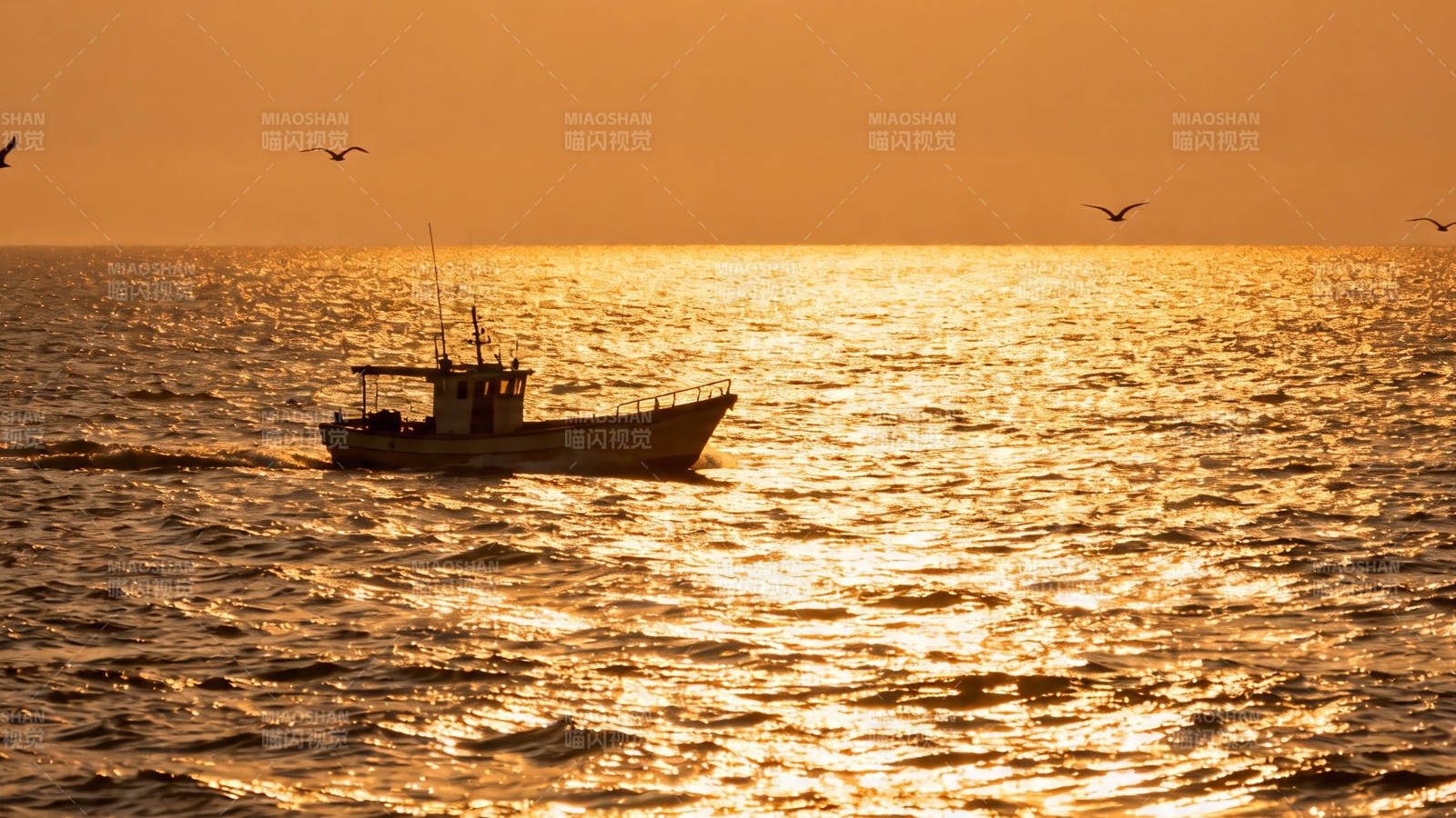 夕阳渔船归航图图片