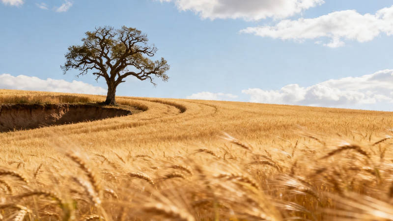 麦田孤树 金浪映蓝天图片