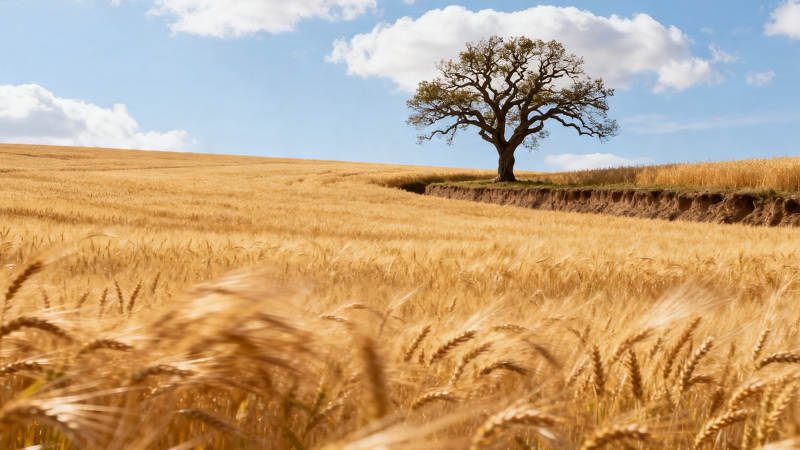 金黄麦田孤树映蓝天图片