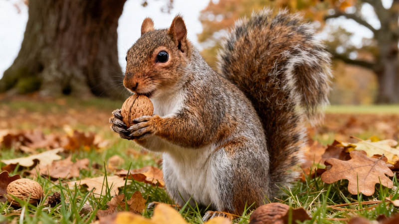 秋日松鼠抱坚果图片