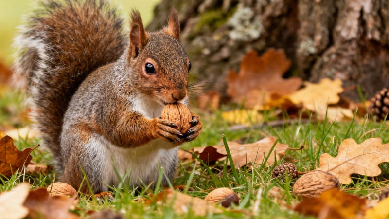 松鼠抱坚果 秋叶满地金图片