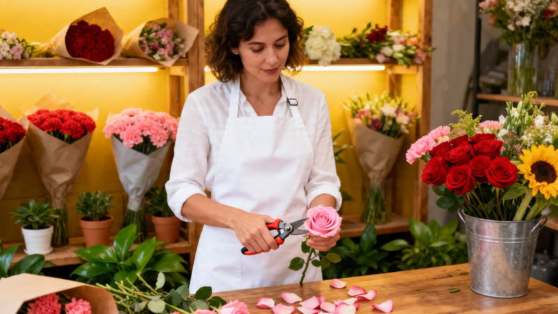 花艺师修剪玫瑰 匠心独运图片