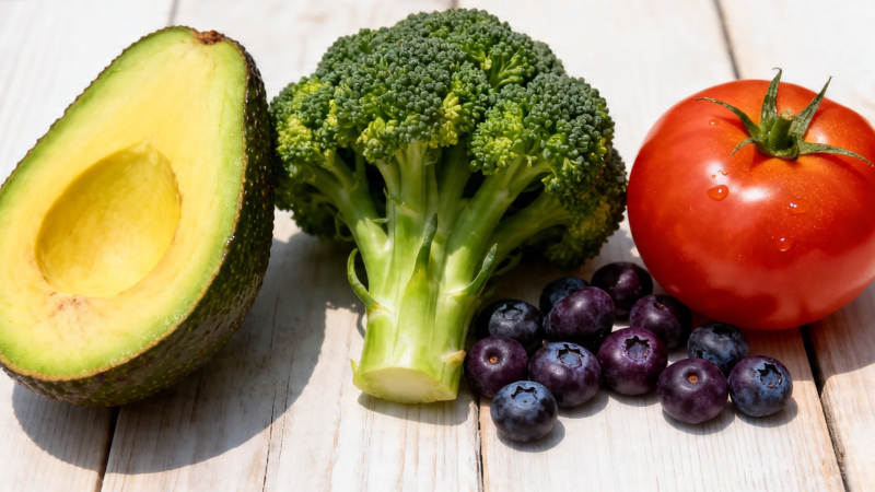 新鲜蔬果组合 牛油果西兰花番茄蓝莓图片