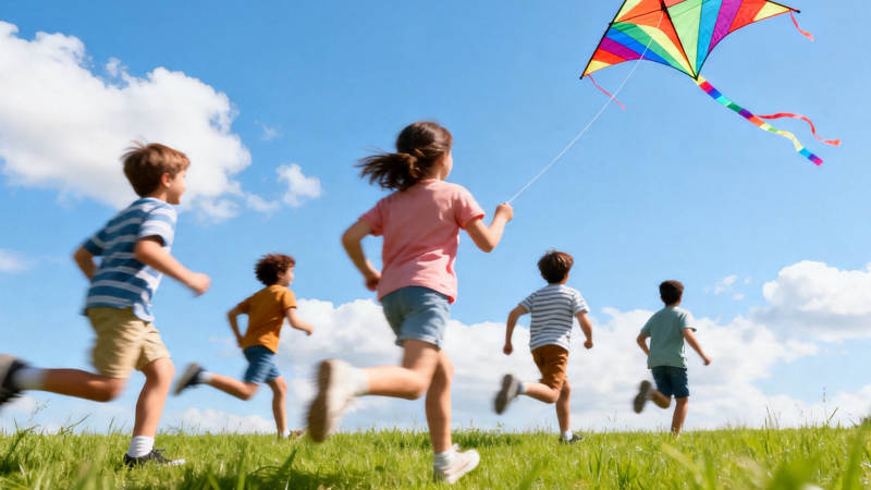 孩童追风筝 蓝天绿草间图片