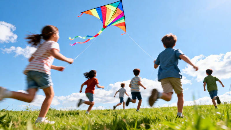 孩童草地放风筝 欢乐奔跑迎蓝天图片