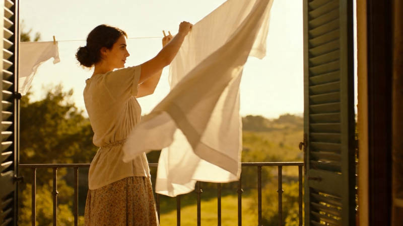 夕阳下晾晒白床单图片