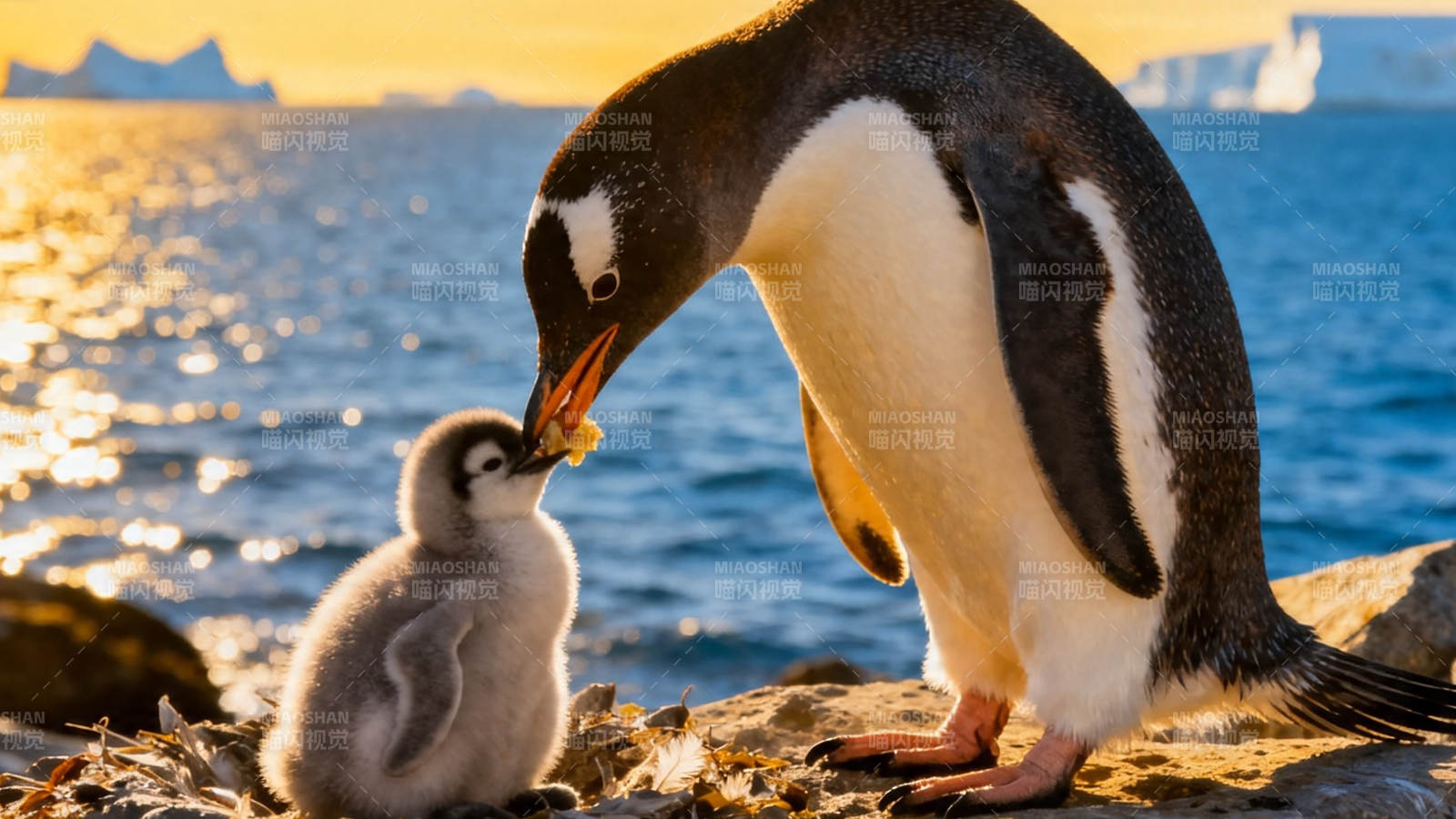 企鹅喂雏 夕阳暖海畔图片