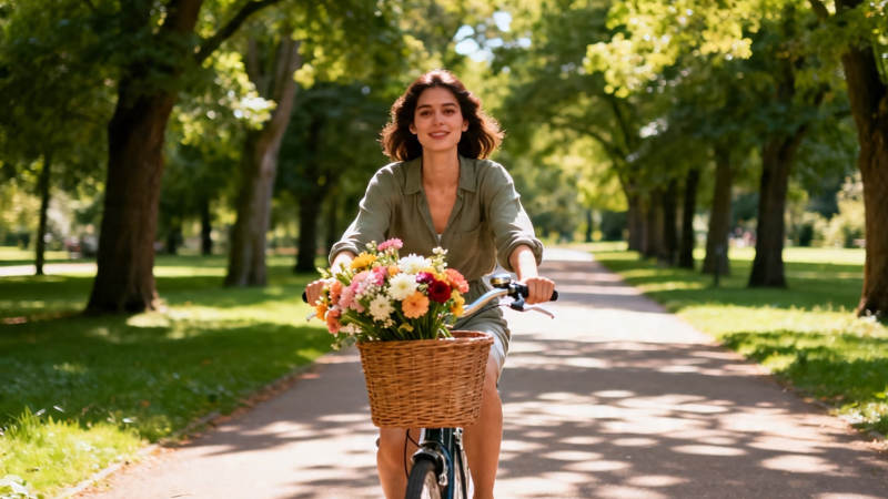 花篮自行车 林荫道微笑骑行图片