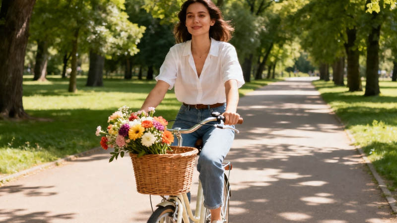 花篮单车 林荫道上的温柔时光图片