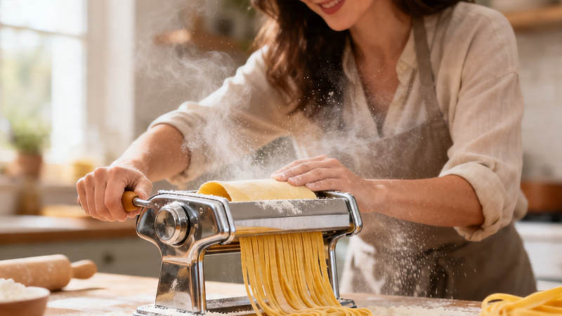 女子手工压面 面粉飞扬温馨厨房图片