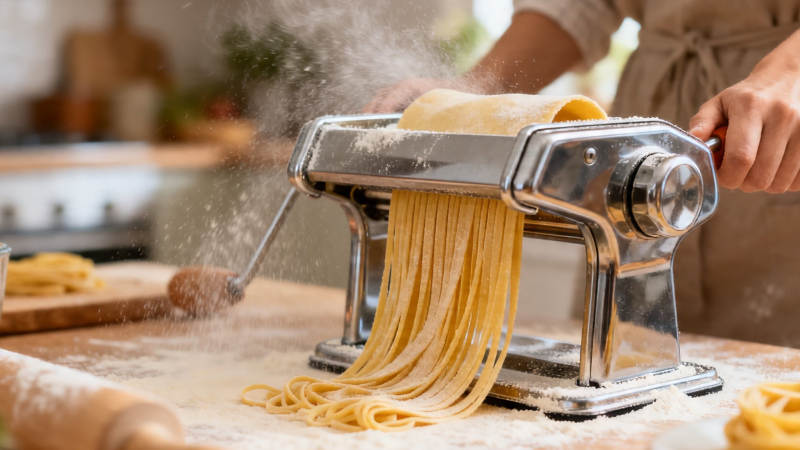 手工压面机制作新鲜意面图片