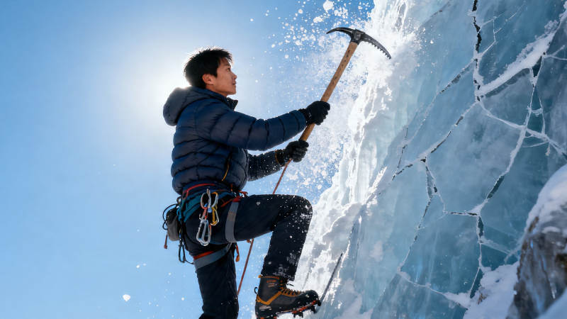 冰壁攀登者挥镐破冰图片